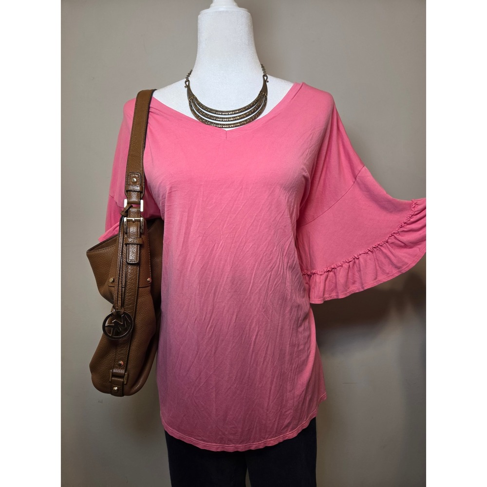 e.Luna Womens 1X Pink Ruffle Bell Sleeve V Neck Boho Flowy Tunic Top